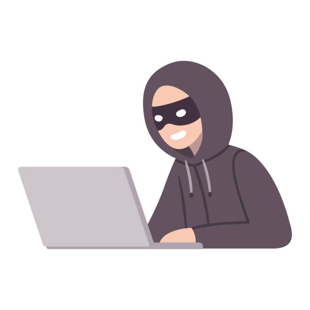 Computer hacker thief Hacker thief with laptop computer stealing passwords and confidential data. Cyber attack and security vector illustration. hacker laptop stock illustrations