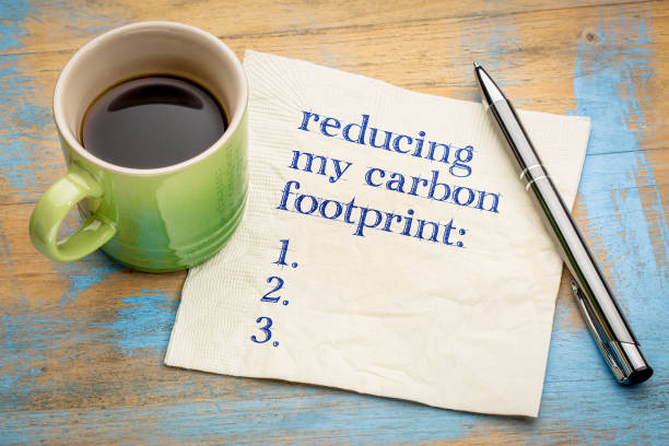 reducing my carbon footprint list reducing my carbon footprint list - handwriting on a napkin with a cup of espresso coffee co2 drawings stock pictures, royalty-free photos & images
