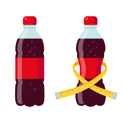 Regular and diet soda bottles vector illustration. Skinny bottle with measuring tape. Sugar and artificial sweeteners in drinks.