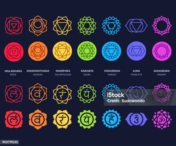 Chakra Symbols Set On Dark Background Stock Illustration - Download Image Now - Chakra, Symbol, Sacred Geometry