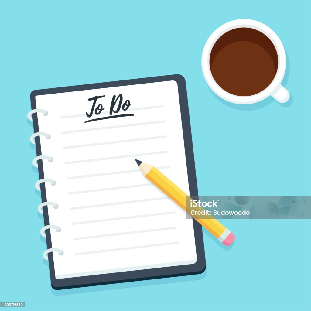 To Do list Blank To Do list, notebook with pencil and coffee cup, top view. Business planner vector illustration in modern flat cartoon style. Note Pad stock vector