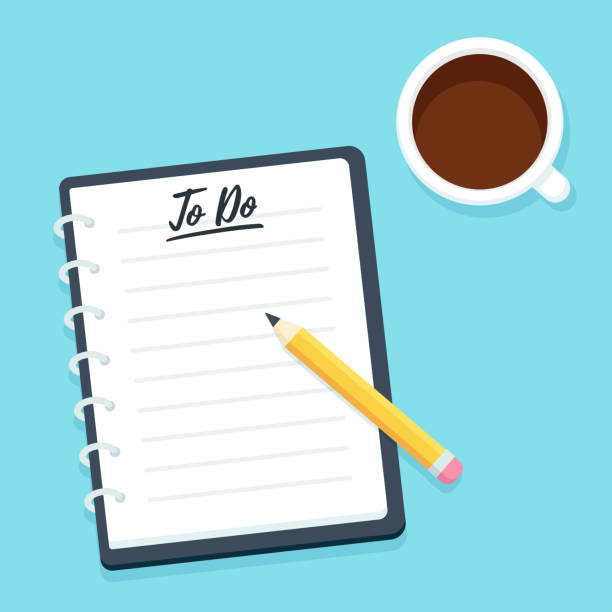 To Do list Blank To Do list, notebook with pencil and coffee cup, top view. Business planner vector illustration in modern flat cartoon style. pencil illustrations stock illustrations