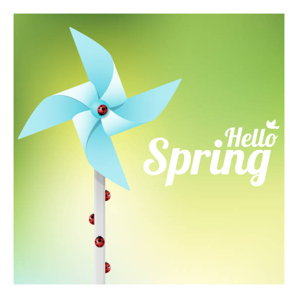 ilustraciones, imágenes clip art, dibujos animados e iconos de stock de fondo de primavera hola con mariquitas en colorido del molinete, vector, ilustración - whirligig beetle
