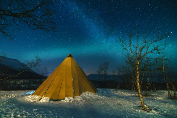 Winter Landscape with Eskimo Tent and Northern Lights in the National Park Abisko.