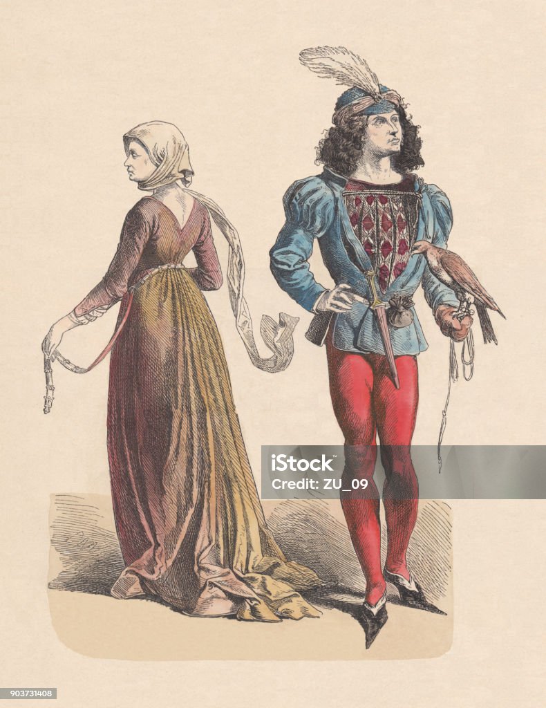 French costumes, last half of the 15th century, published c.1880 French costumes of the last half of the 15th century. Hand colored wood engraving, published c. 1880. Men stock illustration