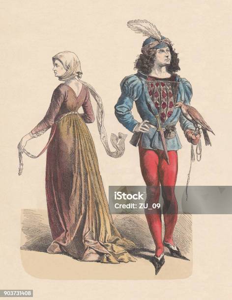 French Costumes Last Half Of The 15th Century Published C1880 Stock Illustration - Download Image Now
