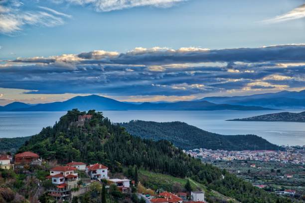 Volos view from Pelion mountain, Greece Volos view from Pelion mountain, Greece at the sunset pilio greece stock pictures, royalty-free photos & images