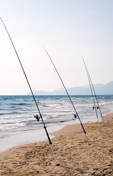 Canas de pesca na praia - fotografia de stock