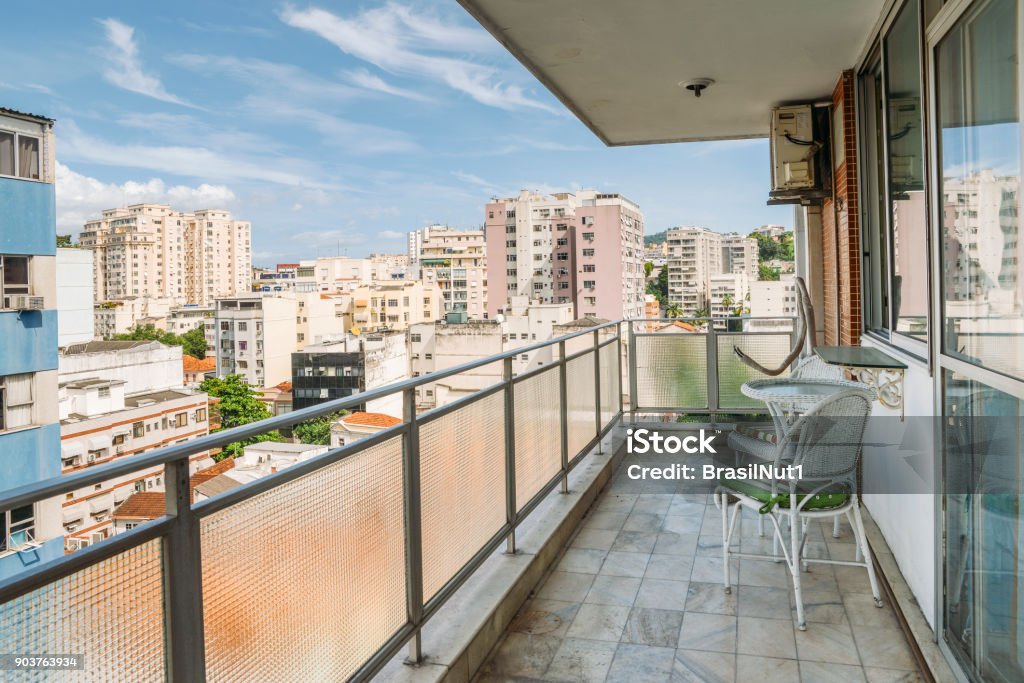 High rise balcony view Captured in the Rio de Janeiro, Brazil neighbourhood of Laranjeiras Balcony Stock Photo