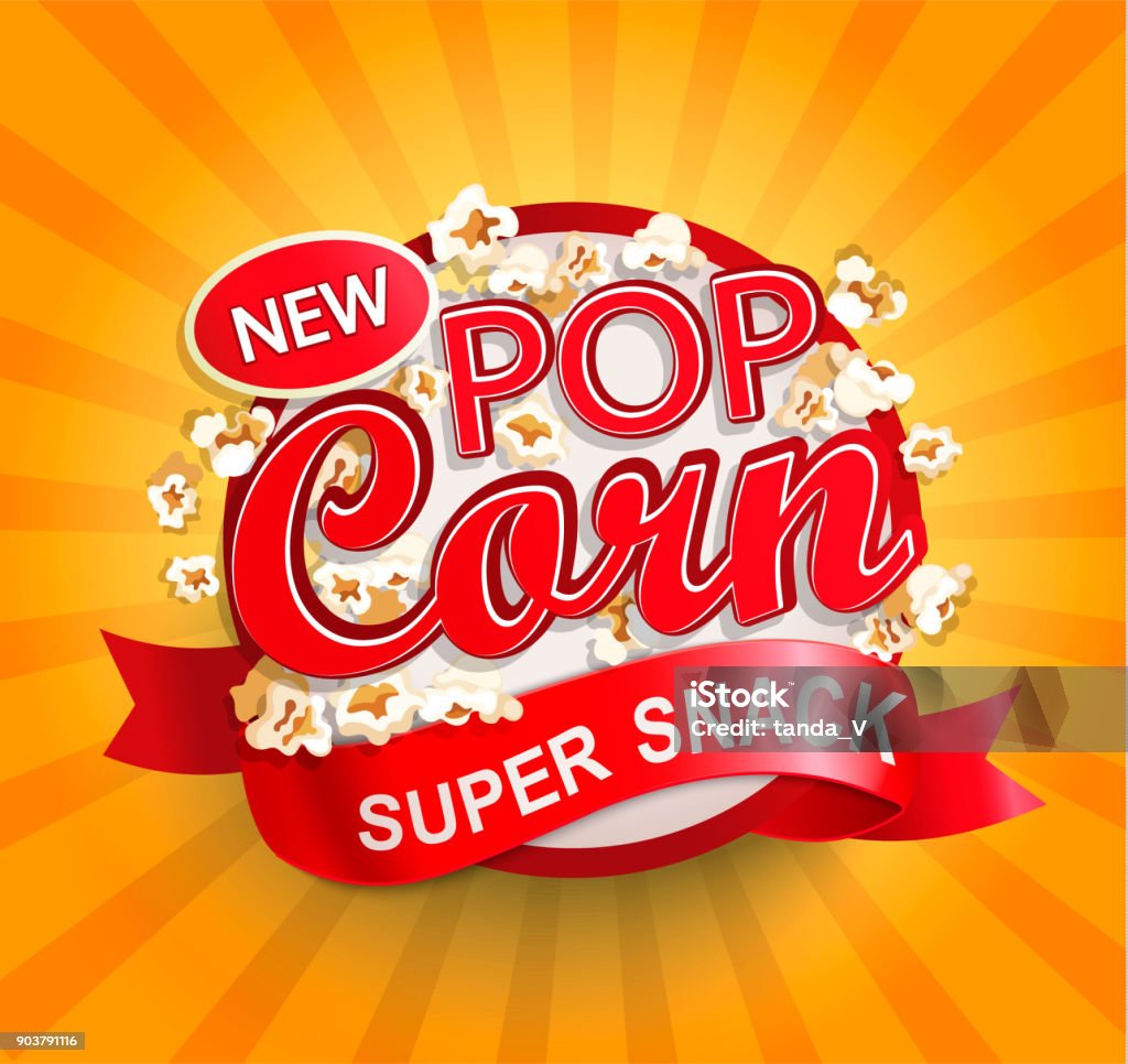 Popcorn label on sunburst background. Popcorn label, symbol or sign on sunburst background. Vector illustration of super snack for your design. Popcorn stock vector