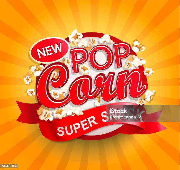 Popcorn Label On Sunburst Background Stock Illustration - Download Image Now - Popcorn, Backgrounds, Label