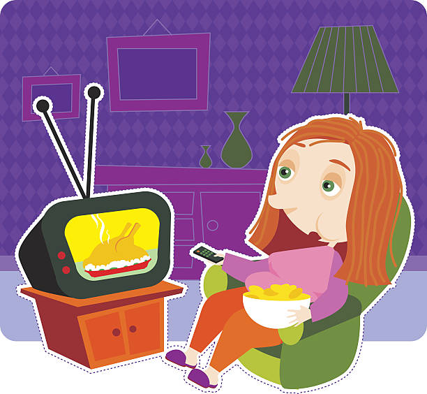 woman sitting on a chair, watching tv and eating something vector art illustration