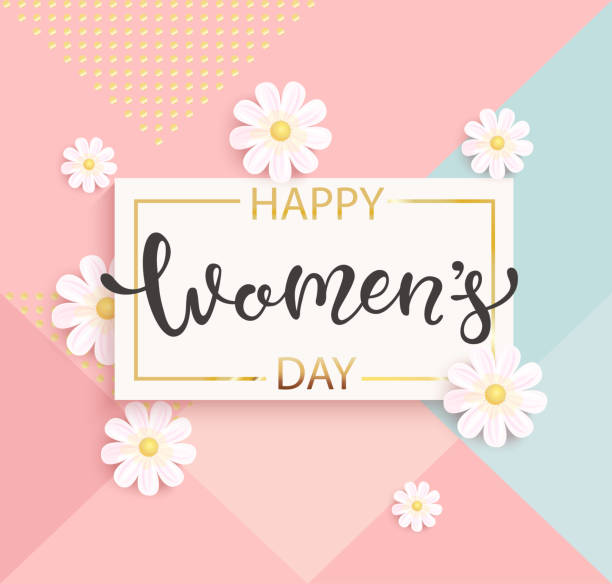 Card for women's day with handdrawn lettering. Card for women's day with handdrawn lettering in gold square frame on geometric background pastel colors with beautiful white daisies. Vector illustrate template, banner, flyer, invitation, poster. springtime woman stock illustrations