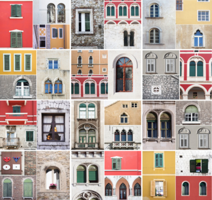 Collage done of 36 colorful windows in the downtown of Split(Croatia)