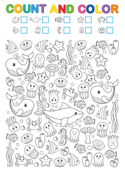 istock Math exercises for the study of numbers. Find, count and color. Printable worksheet for kindergarten and a preschool institution. Funny sea creatures: seahorse, shark, seaweed, corals, tropical fish 903817726