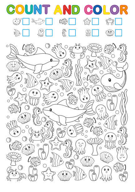 istock Math exercises for the study of numbers. Find, count and color. Printable worksheet for kindergarten and a preschool institution. Funny sea creatures: seahorse, shark, seaweed, corals, tropical fish 903817746
