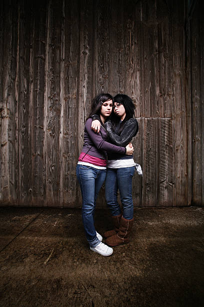 istock Female Friends Posing Against Wood Background 90382384