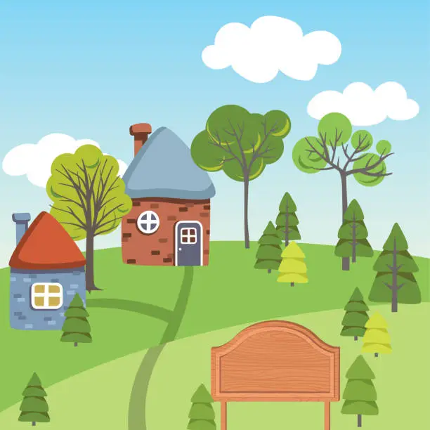 Vector illustration of Cute Houses On Summer Hills With Wooden Sign