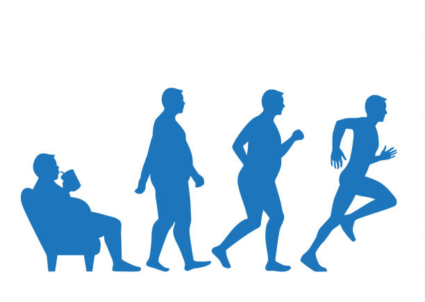 Fat man get out of sofa and change to slim shape with run. Fat man get out of sofa and change his body to slim shape in 4 step with run. This illustraion about exercise concept. change silhouettes stock illustrations