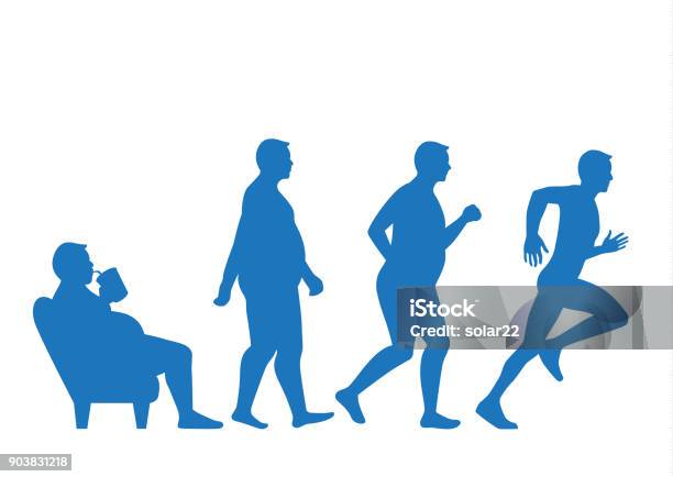 Fat Man Get Out Of Sofa And Change To Slim Shape With Run Stock Illustration - Download Image Now