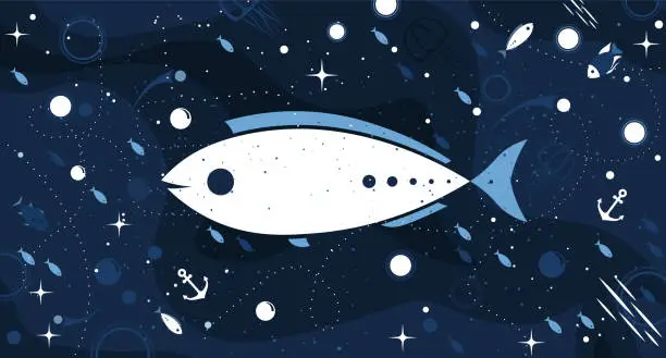 Vector illustration of Sea fish cute blue horizontal background