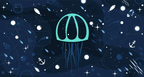 Vector illustration of Sea medusa cute blue horizontal background