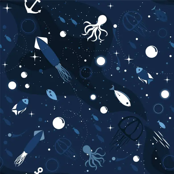 Vector illustration of Sea life cute blue seamless pattern