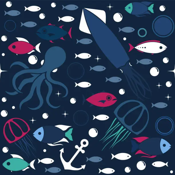 Vector illustration of Sea life cute blue seamless pattern