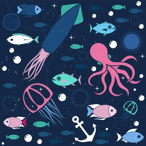 Vector illustration of Sea life cute blue seamless pattern