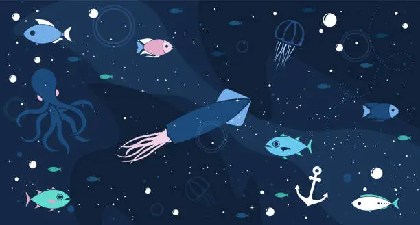 Vector illustration of Sea life cute blue background