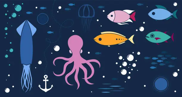Vector illustration of Sea animals isolated collection background