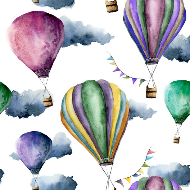 istock Watercolor pattern with bright hot air balloon. Transport ornament with flag garlands and clouds isolated on white background. 903843242