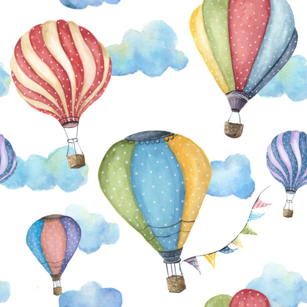 illustrazioni stock, clip art, cartoni animati e icone di tendenza di motivo ad acquerello con mongolfiera dei cartoni animati. ornamento di trasporto con ghirlande di bandiera e nuvole isolate su sfondo bianco. - hot air balloon party carnival balloon