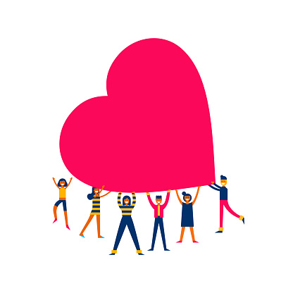 Group of people holding giant heart, love makes the change concept illustration in modern flat art style. Ideal for charity project, donation or valentines day. EPS 10 vector.