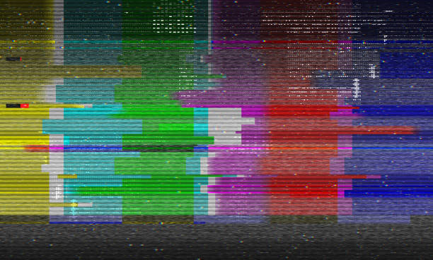 Abstract illustration of distorted tv test color bars. Abstract illustration of distorted tv test color bars. Glitch effect background. Conceptual image of vhs dead pixels. no signal stock illustrations