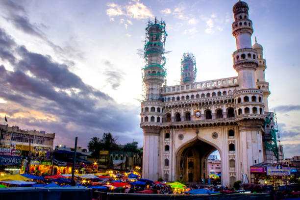 Charminar The Charminar, constructed in 1591, is a monument and mosque located in Hyderabad, Telangana, India. The landmark has become a global icon of Hyderabad, listed among the most recognized structures of India. hyderabad india photos stock pictures, royalty-free photos & images