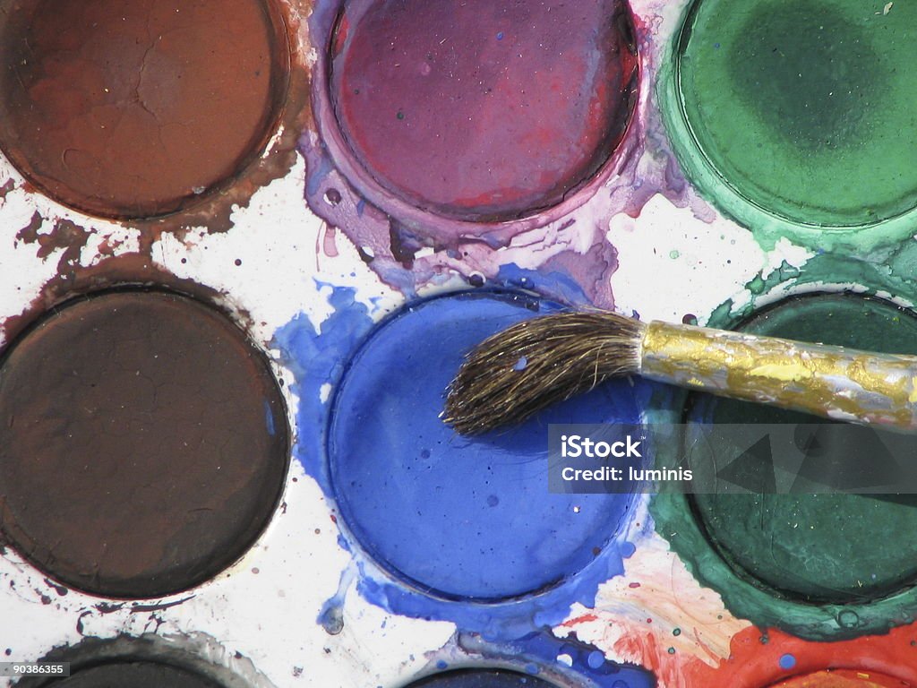 Aquarell Farben und Pinsel, Nahaufnahme - Lizenzfrei Alt Stock-Foto