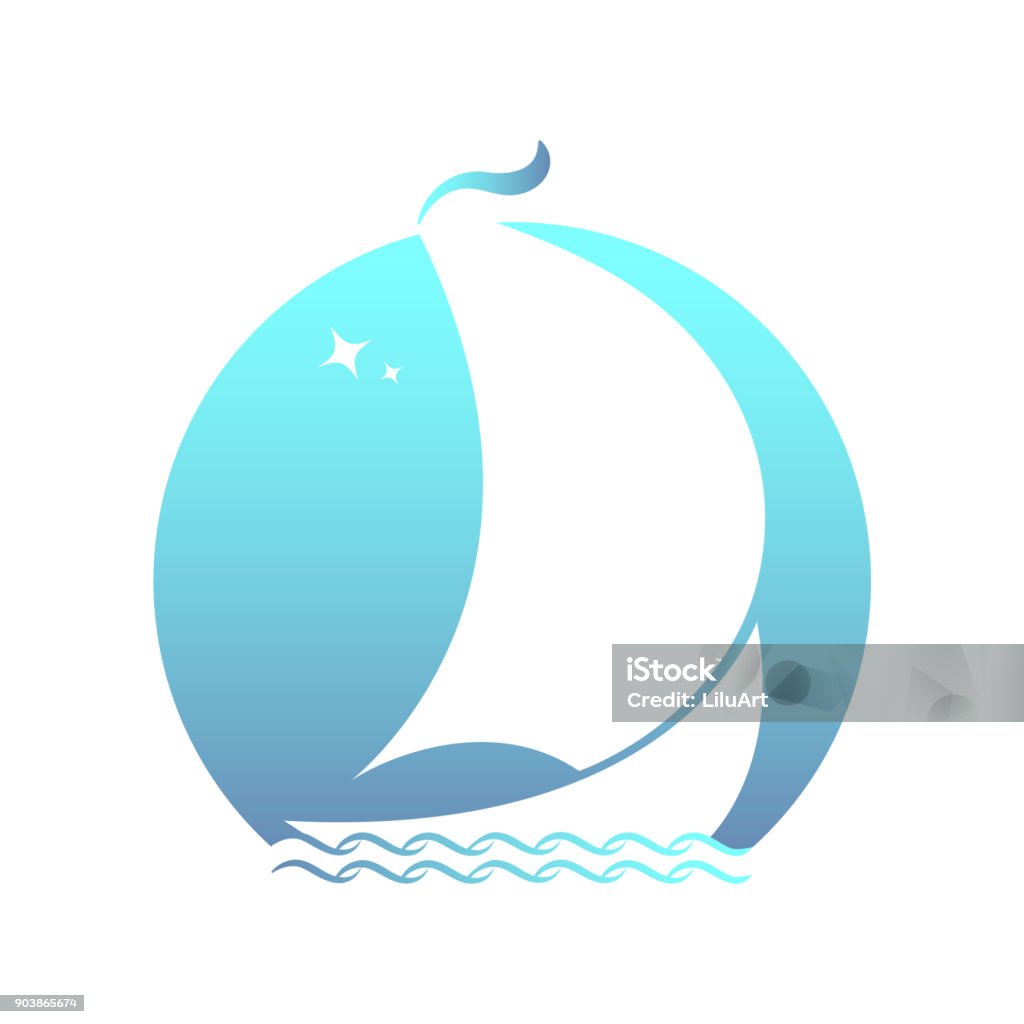 Yacht on waves in the background of the sun Logo stock vector