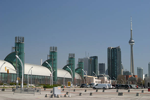 Toronto Skyline Wide shot of Toronto skyline and the convention centre at Exhibition Place. We have this in a vertical composition as well. exhibition place toronto stock pictures, royalty-free photos & images