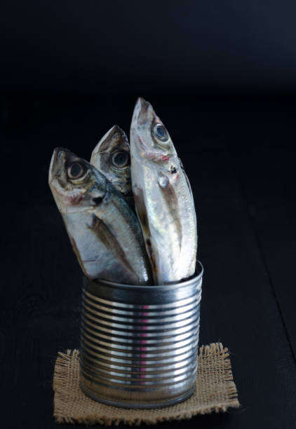 istock Canned fresh fish on a dark wooden bottom. Mackerel. 903873362