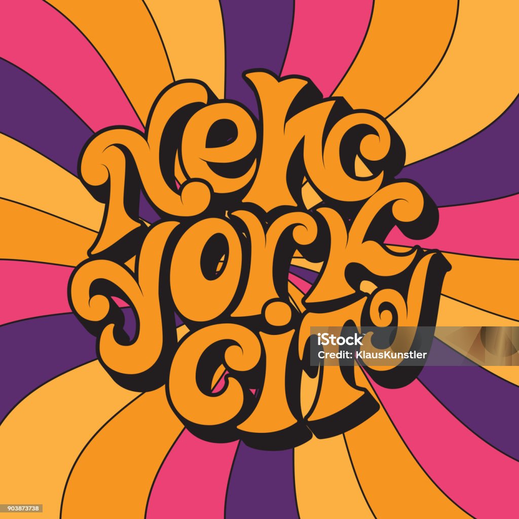 New York city.Classic psychedelic 60s and 70s lettering. New York city.Classic psychedelic 60s and 70s lettering.Retro design on a unisex t-shirt,poster,card. 1970-1979 stock vector