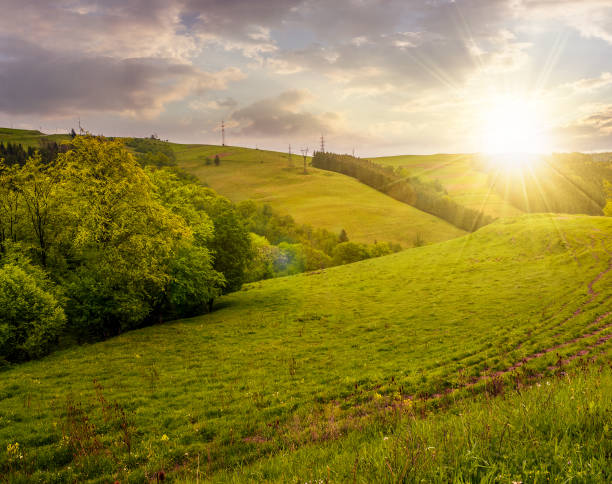 istock lovely countryside with grassy hills at sunset 903873964