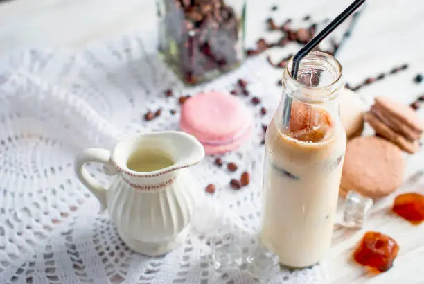 Photo of Iced coffee in glass with ice, chocolate