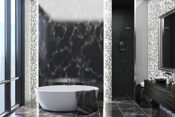 istock Black marble and tiles bathroom 903885354