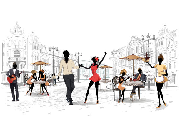 ilustraciones, imágenes clip art, dibujos animados e iconos de stock de serie de la calle con músicos y parejas de bailes en la vieja ciudad. - samba dancing