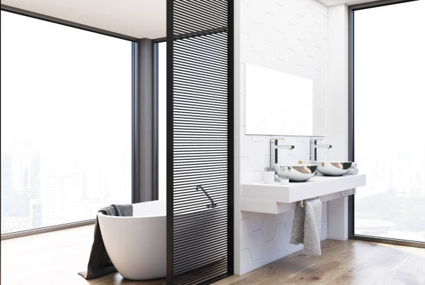 istock Hexagon tile bathroom, double sink and tub 903888622