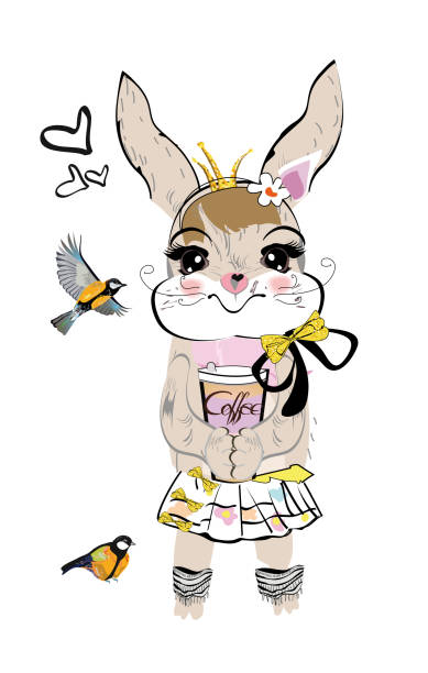 mode-hase mit einem eis und einem vogel. - butterfly cartoon symbol push scooter stock-grafiken, -clipart, -cartoons und -symbole