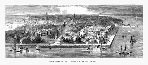 Very Rare, Beautifully Illustrated Antique Engraving of Charleston from the Bay, Charleston, South Carolina, United States, American Victorian Engraving, 1872. Source: Original edition from my own archives. Copyright has expired on this artwork. Digitally restored.