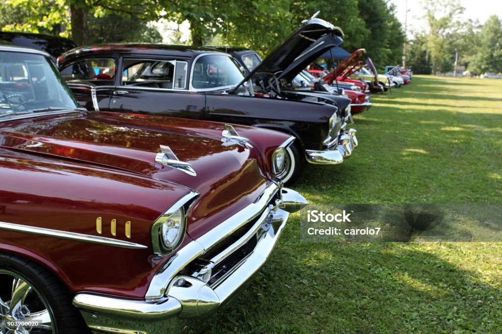 Classic cars on display in Indiana park. Summer show of vintage cars.  USA   1950's vehicles. Exhibition Stock Photo