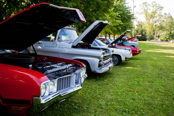 Row of classic cars on display in Indiana park. Raised hoods  showcase engines  of vintage cars at summer car show.  USA  1970's vehicles. car show stock pictures, royalty-free photos & images